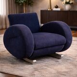 Bretz (Germany) — Rocking Chair / Armchair — Blue Velvet Upholstery — 1980s