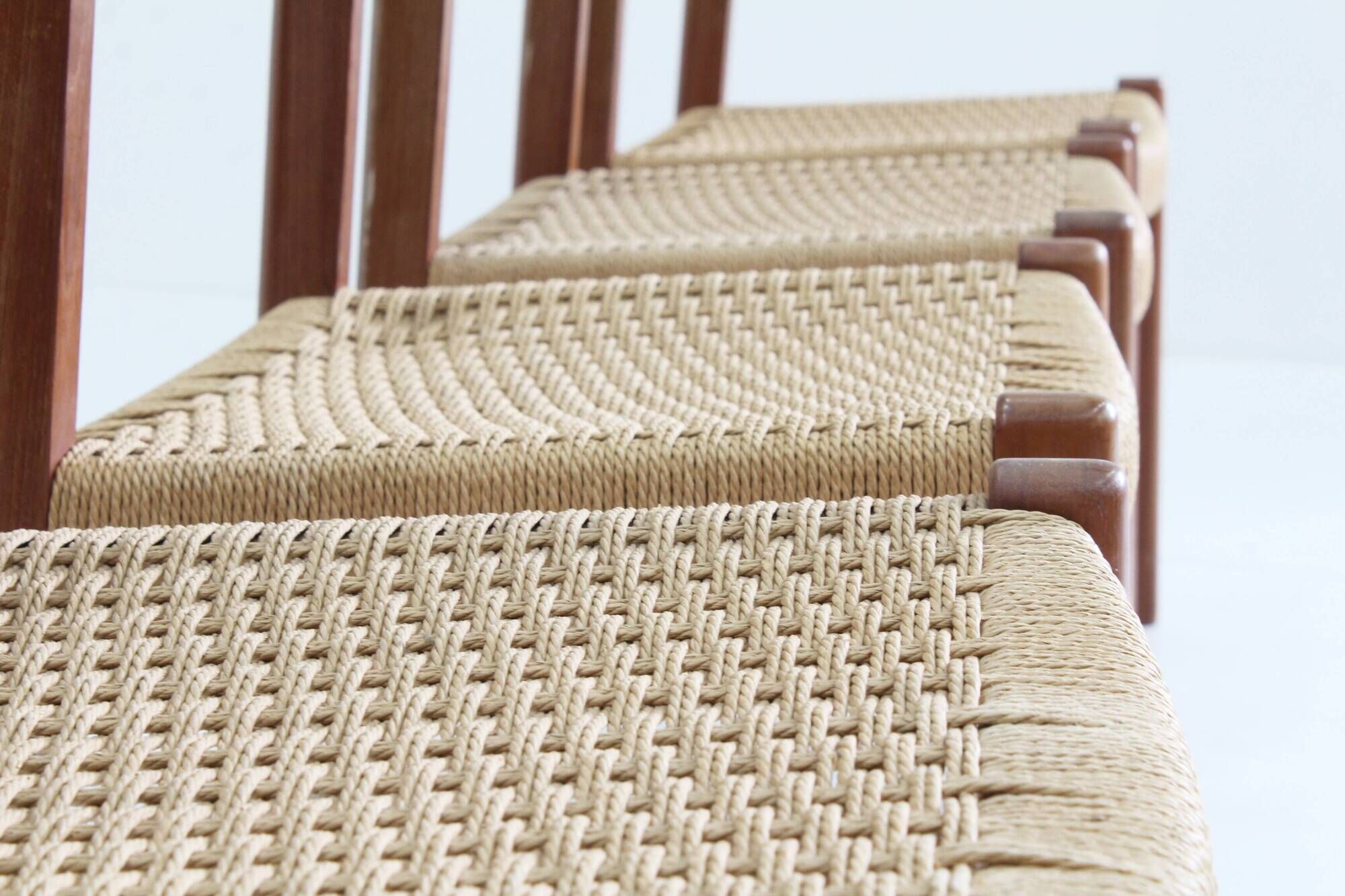 Mid Century Danish teak and paper cord dining chairs 1960s , set of 4