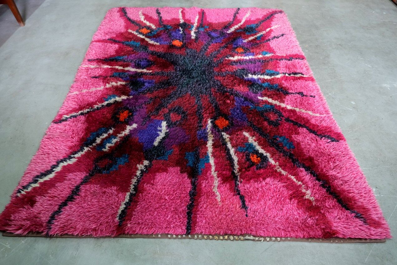 Abstract Scandinavian  Hand-Knotted High Pile Rya Rug Carpet, Sweden, 1960s