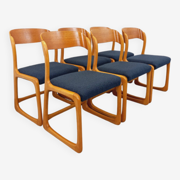 Suite de 6 chaises traîneau vintage de marque Baumann en bois et tissu bouclette des années 70