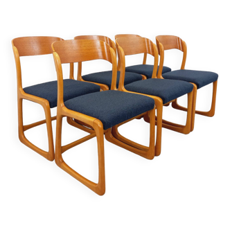 Set of 6 vintage Baumann sled chairs in wood and French terry fabric from the 70s