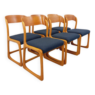 Suite de 6 chaises traîneau vintage de marque Baumann en bois et tissu bouclette des années 70