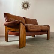 Old 2-seater leather and walnut sofa design 70s Mobil Girgi Mario Marenco vintage Italy