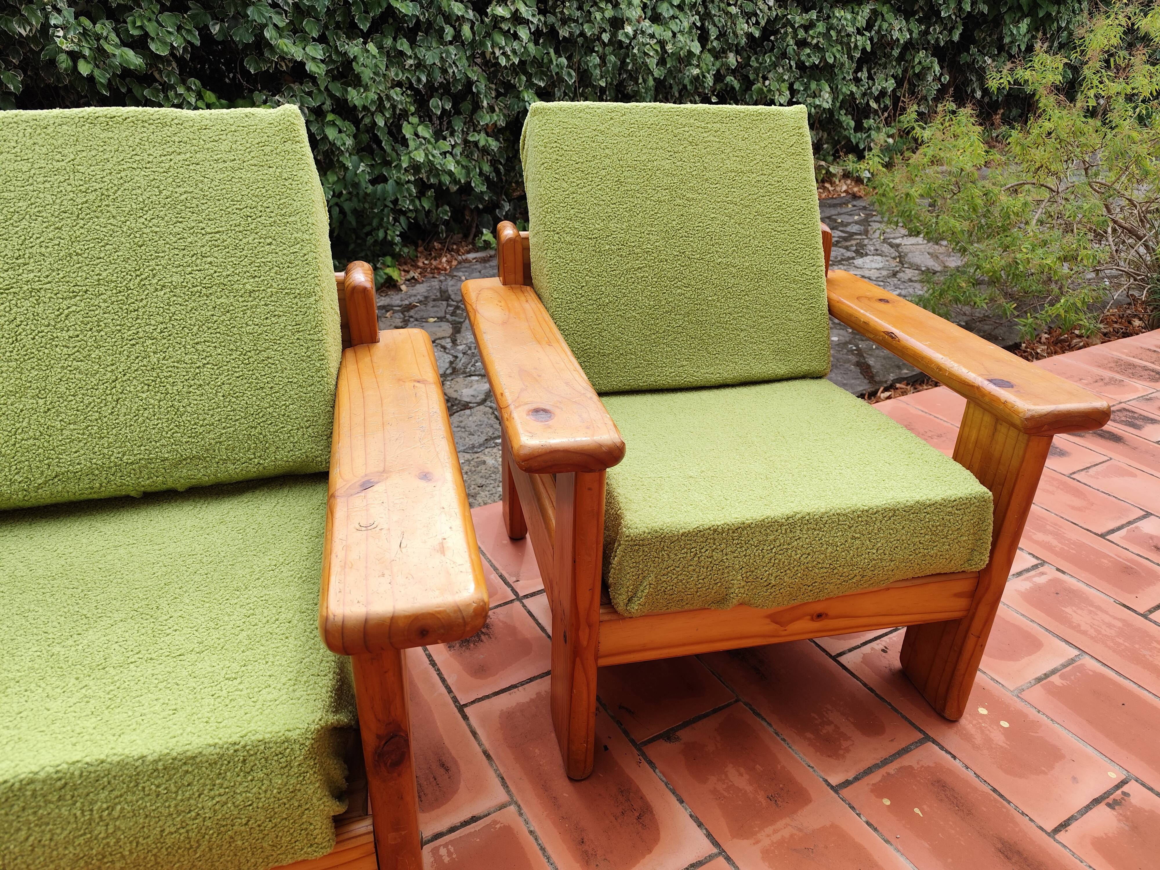 Pair of vintage brutalist armchairs in solid pine from the 80s DLG Regain