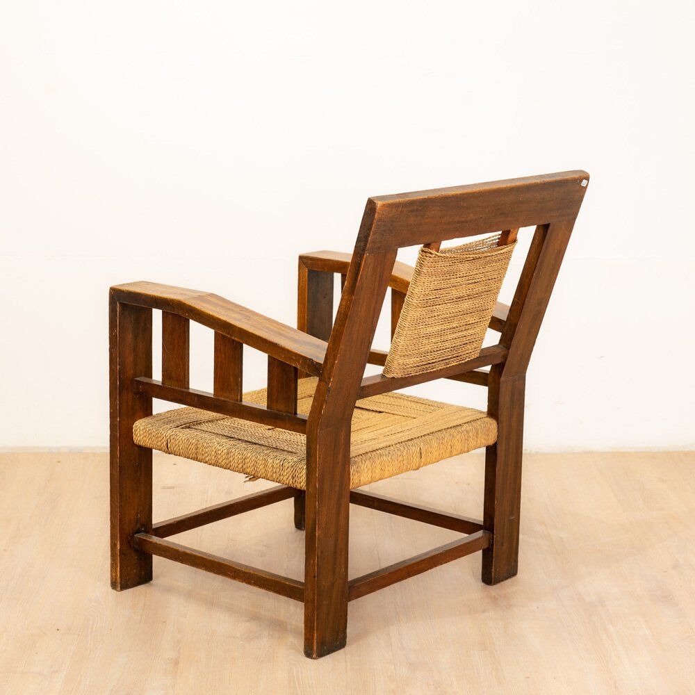 Neo-Basque sculpted armchairs in straw and oak, 1940s, set of 3