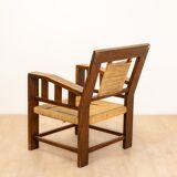 Neo-Basque sculpted armchairs in straw and oak, 1940s, set of 3