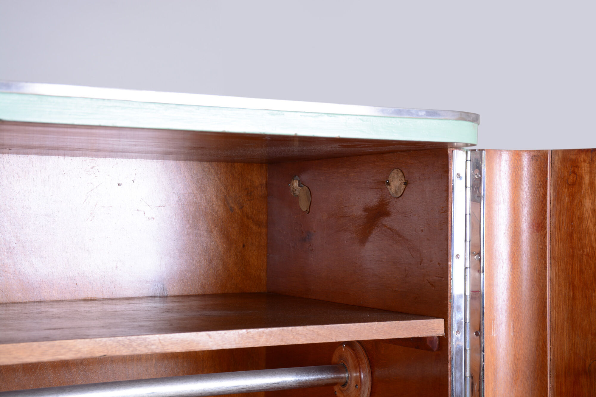 Turquoise Bauhaus three door wardrobe made in 1930s Czechia by Vichr a spol.