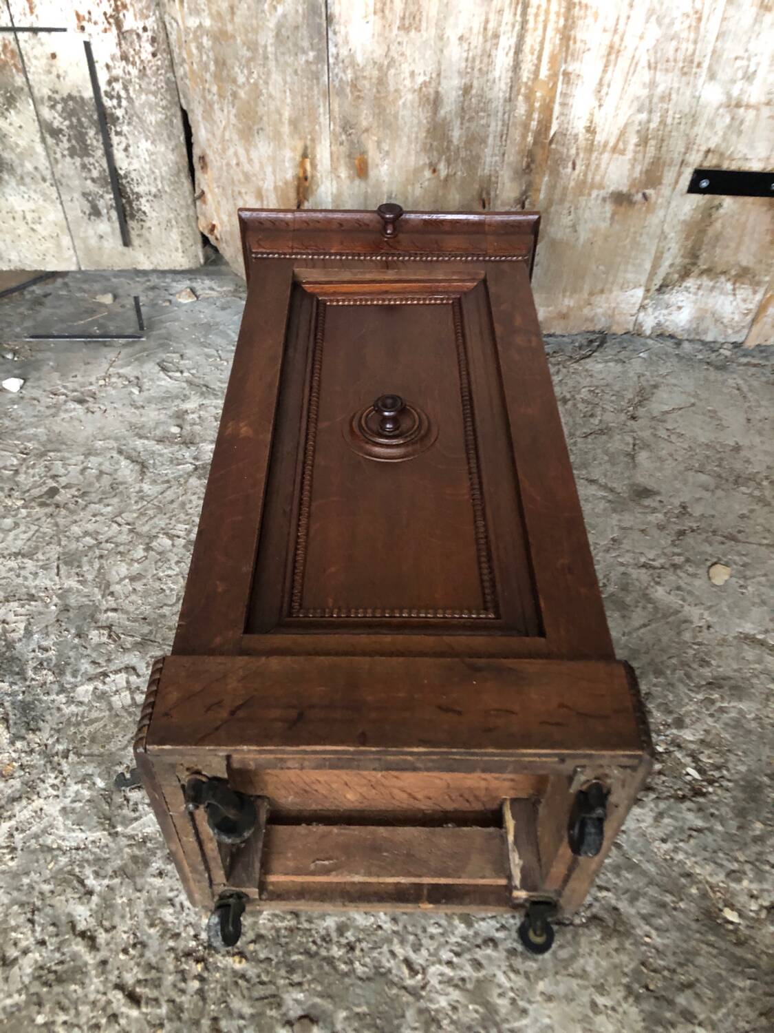 Bedside night table 19th century wood row of beads + black marble top #a637