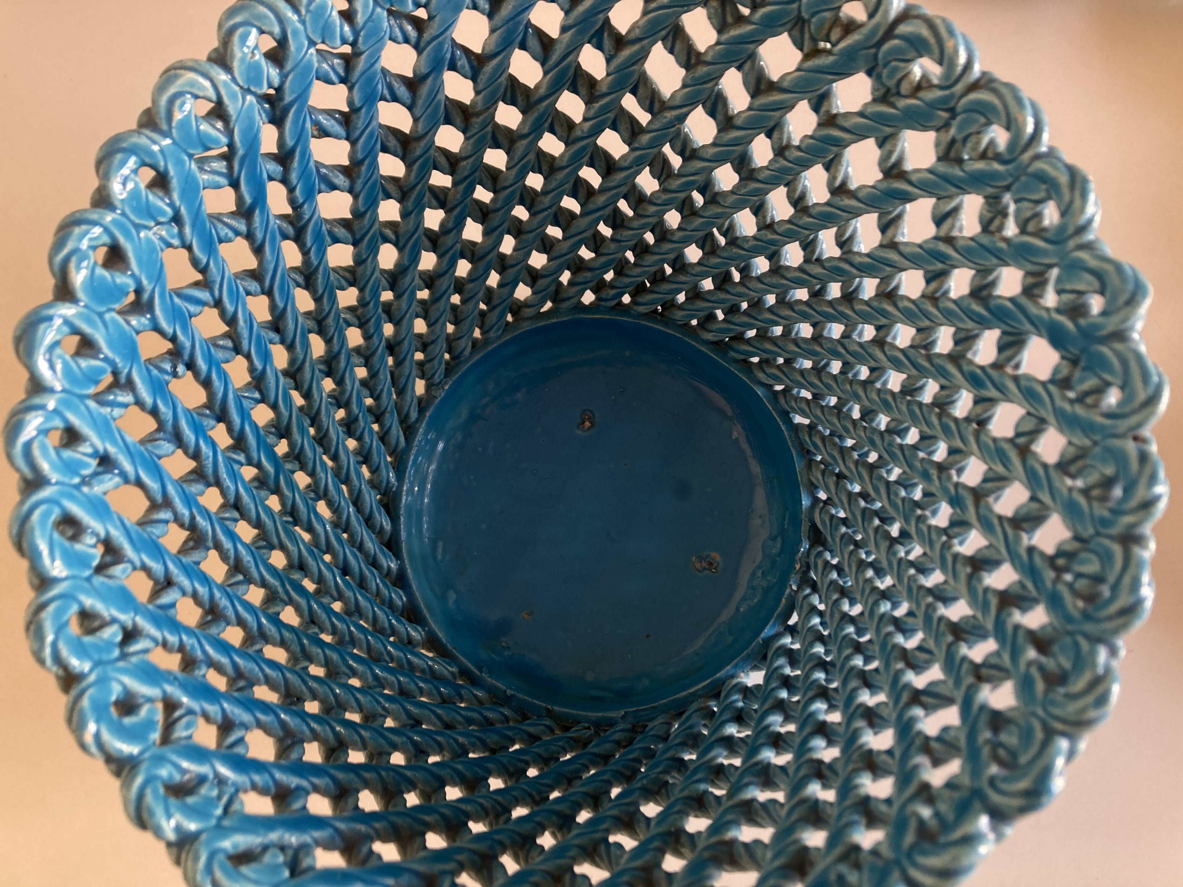 Turquoise woven ceramic cachepot, Italian work, 1960s