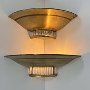 Pair of Art Deco corner sconces, brass and glass, France 1930
