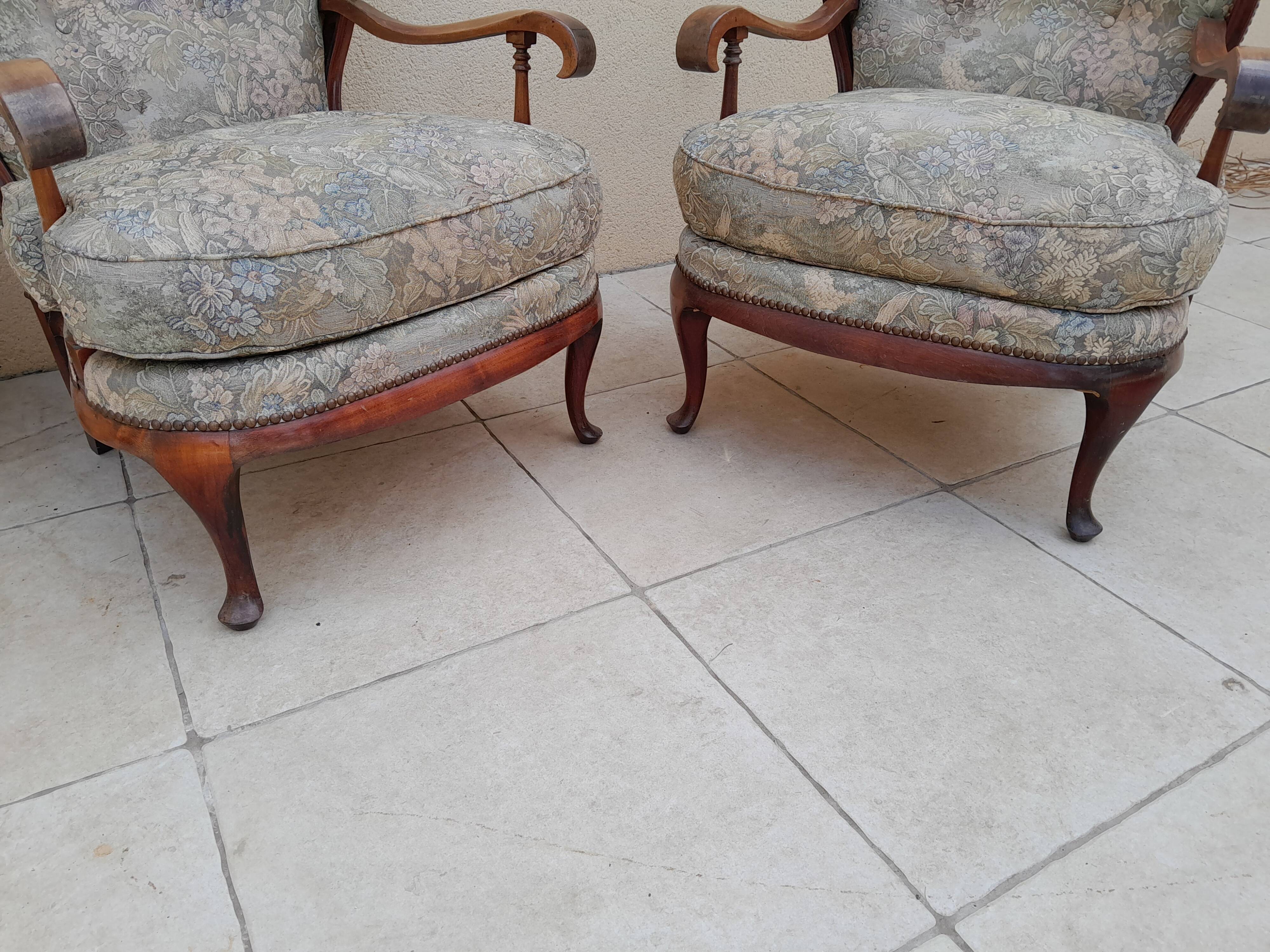 Pair of vintage antique bergère armchairs