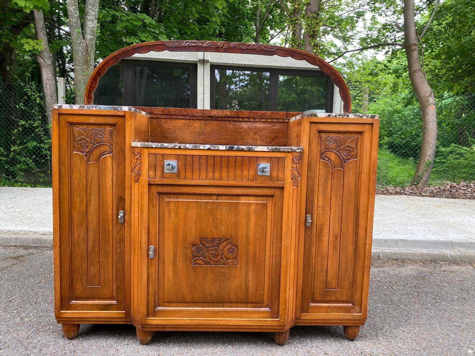 Art Deco 1930s marble and solid oak wood mirror sideboard