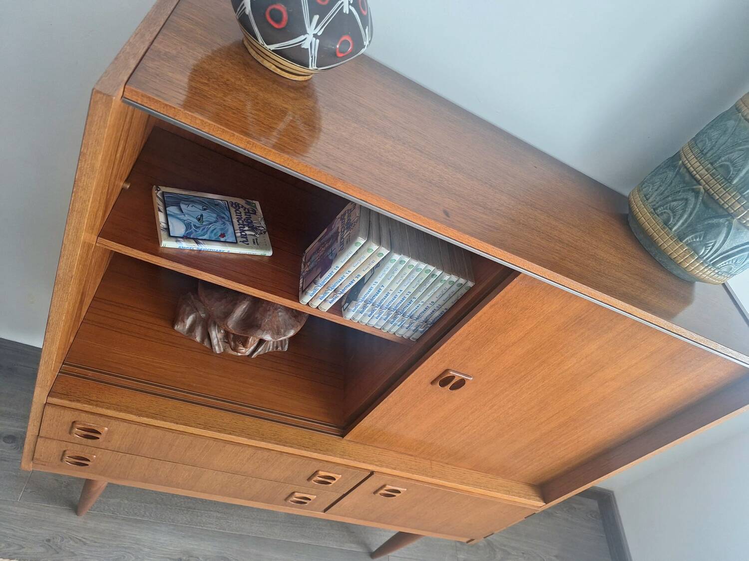 Sideboard, bookcase in teak veneer