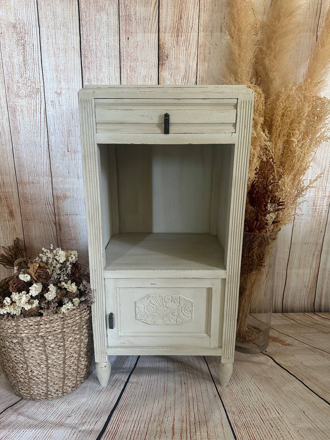 White patinated bedside table with a marble top