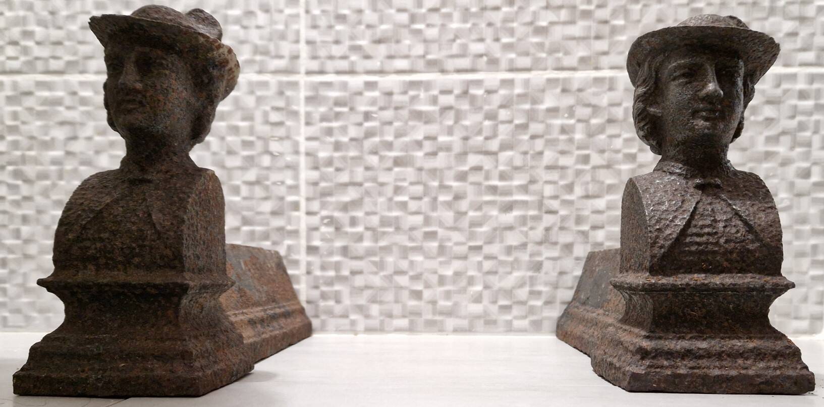 Pair of antique cast iron fire dogs Neo-Renaissance busts France late 19th century