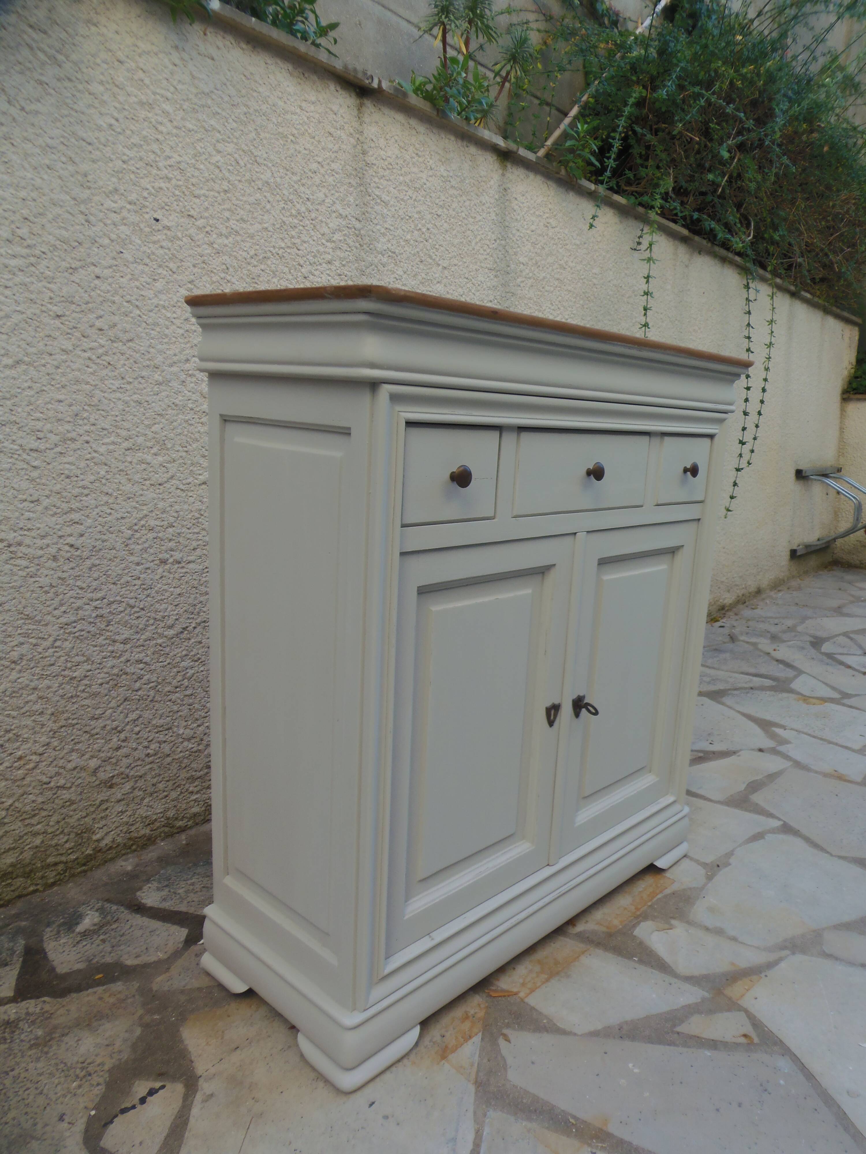 Small Louis Philippe style sideboard of beautiful craftsmanship, enhanced in storm gray.