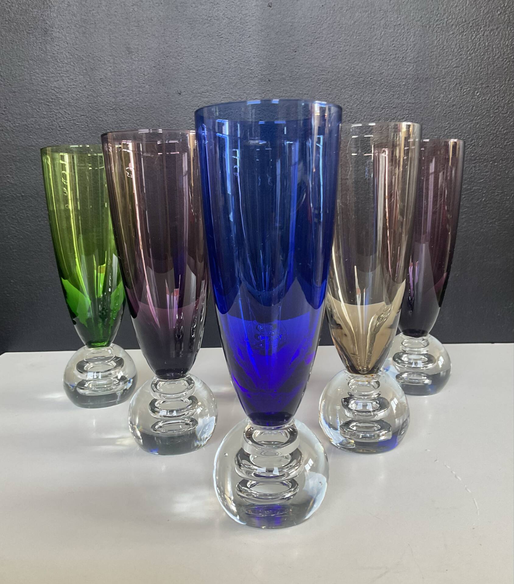 Set of 6 vintage coloured glass champagne coupes