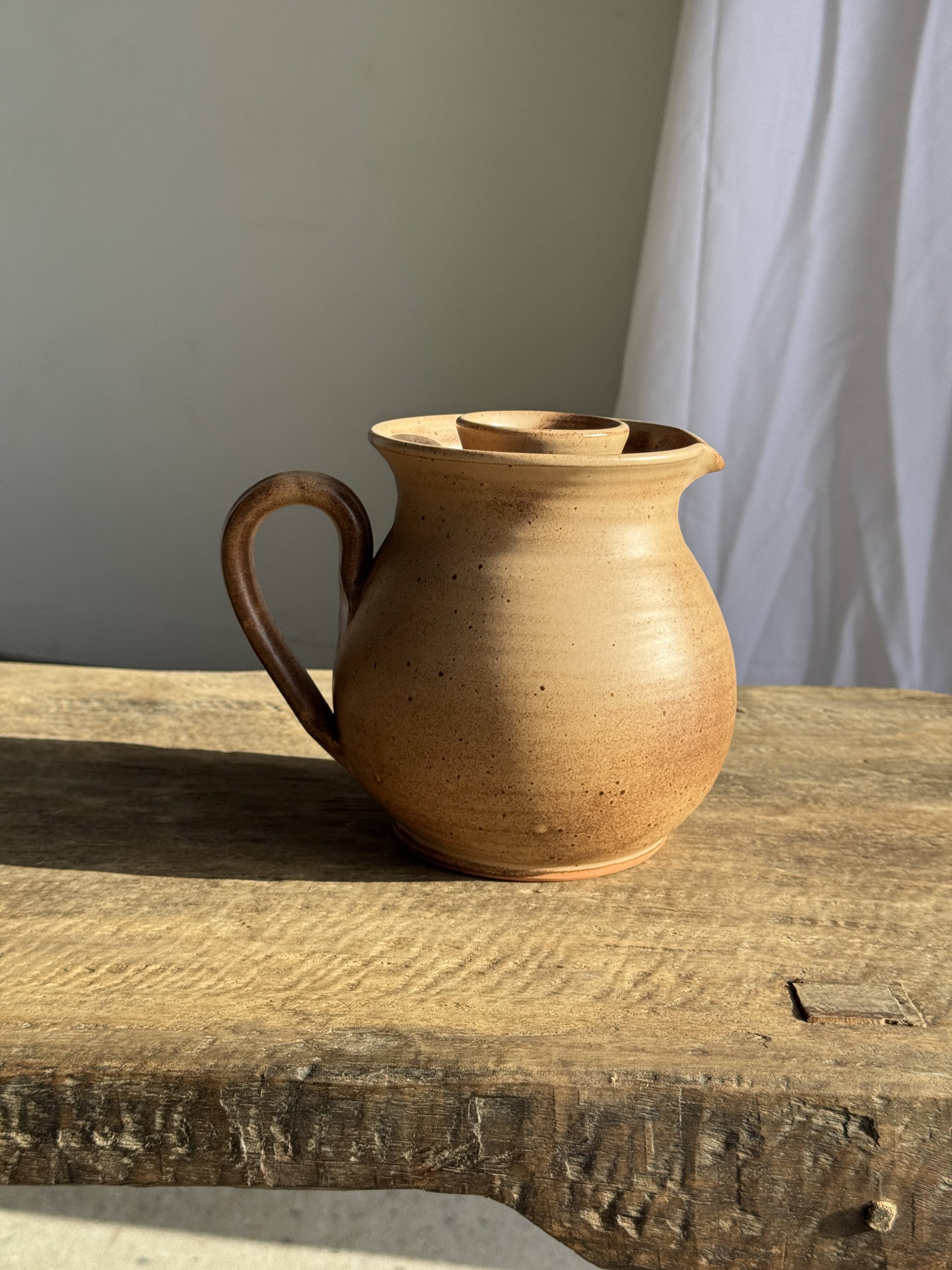 Vintage brutalist stoneware pink wine cooler pitcher H19