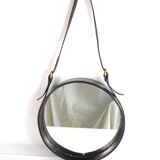 Miroir circulaire en cuir noir Jacques ADNET 1950