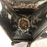 Blackened wooden planter decorated with flowers in medallions and mother-of-pearl burgauty, Napoleon III