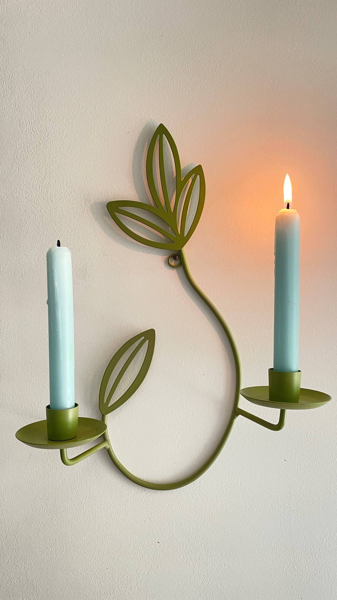 Wall Candle Holder, Green Metal Leaves