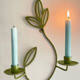 Wall Candle Holder, Green Metal Leaves