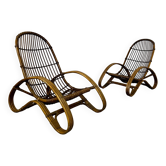 Ensemble 2 fauteuils chaises longues en rotin design italien des années 60 vintage rattan