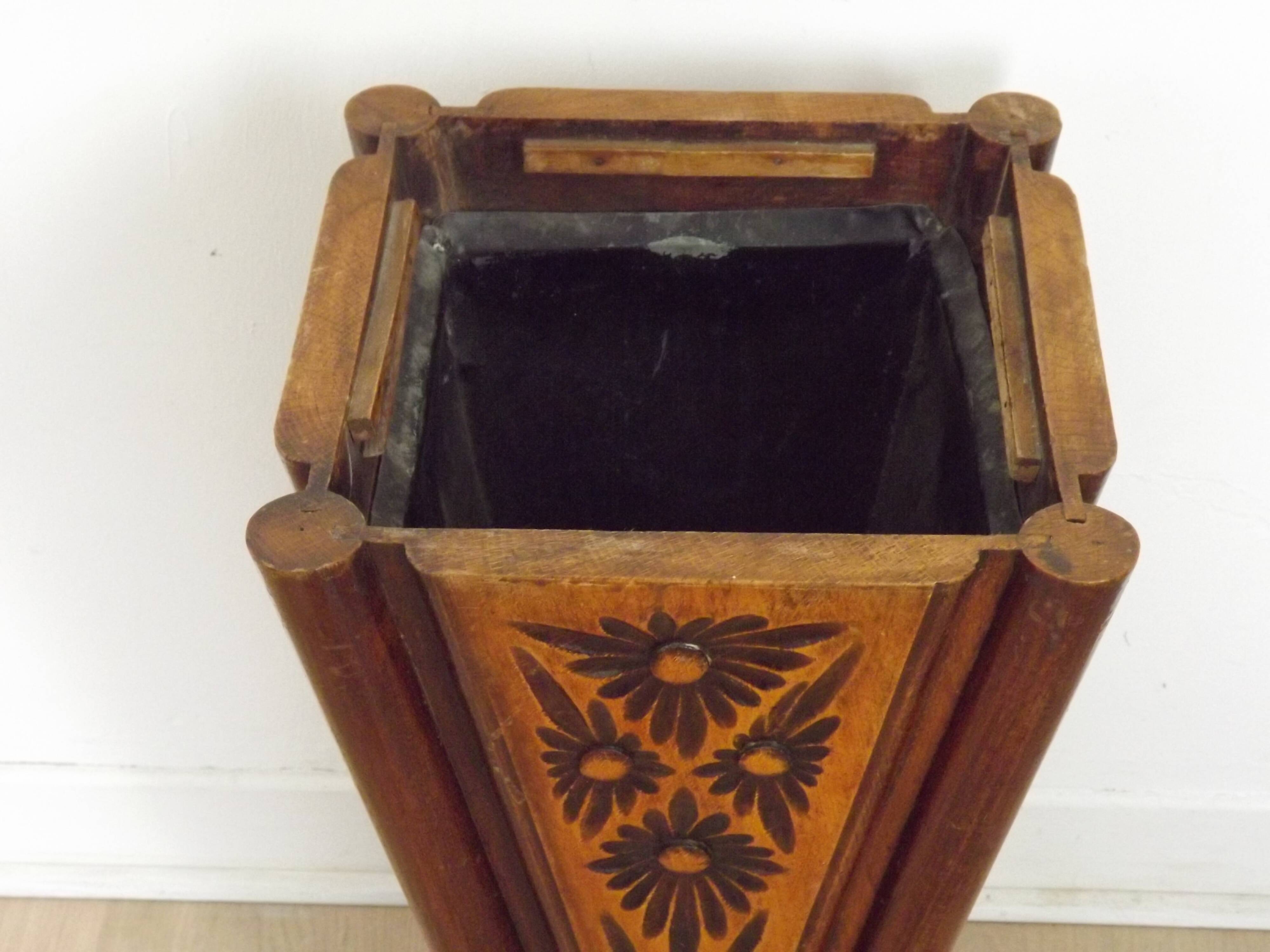 French antique oak tin-lined hand-carved umbrella stand with flower decoration.