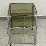 Nest of tables in chrome and smoked glass, set of 2.