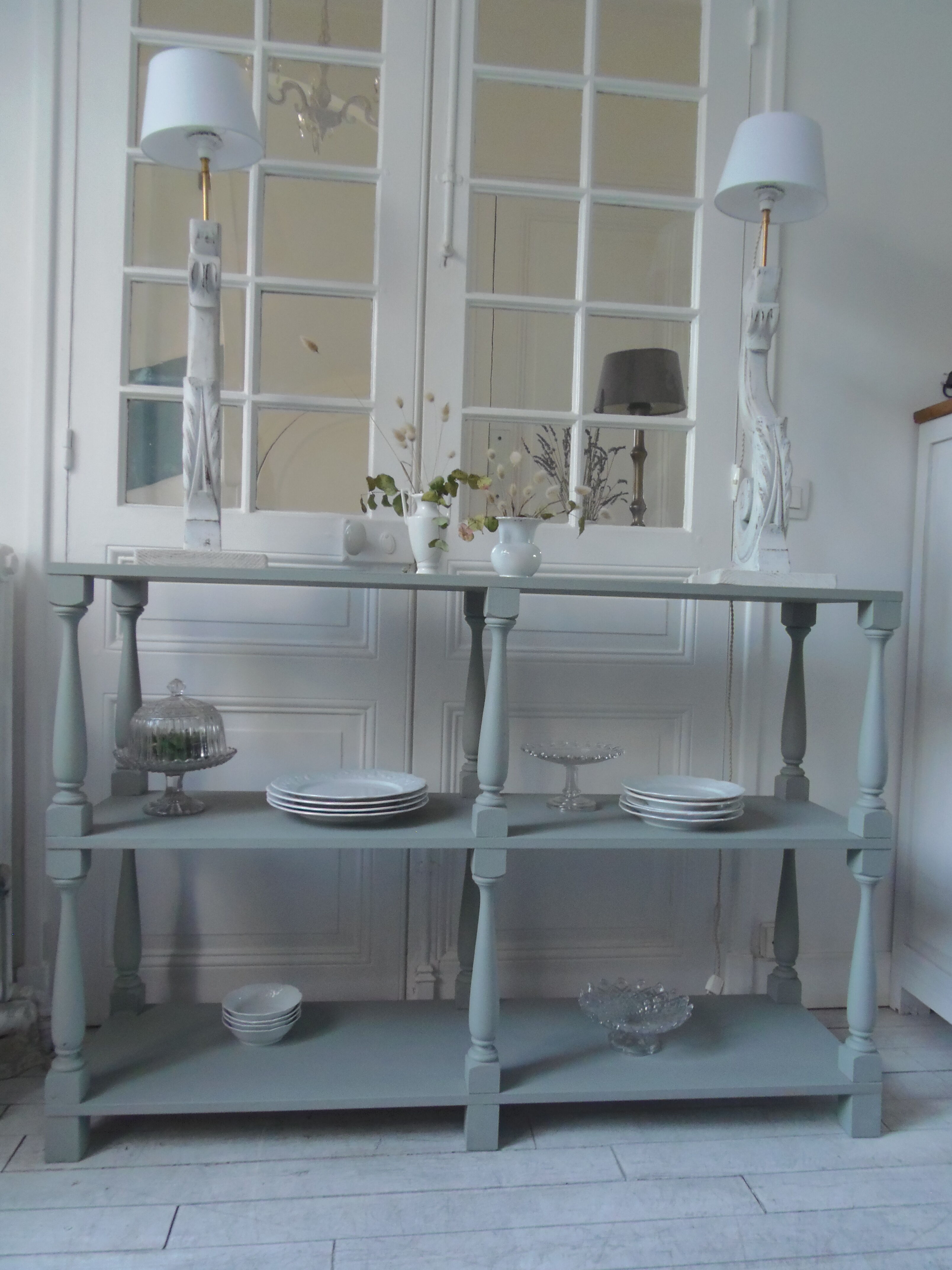 Console vintage 3 plateaux vert de gris