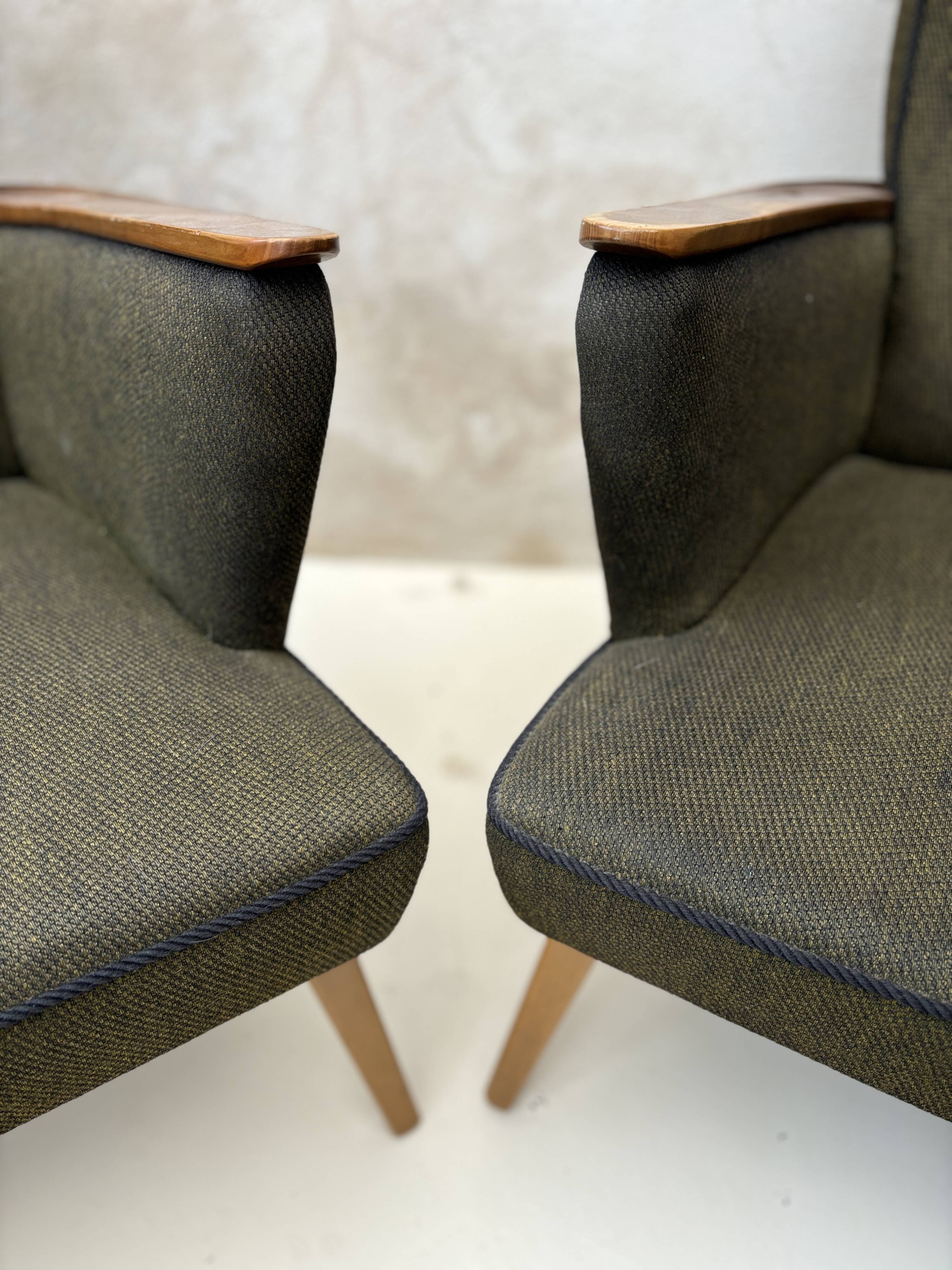 Pair of vintage wooden and fabric armchairs from the 1960s.