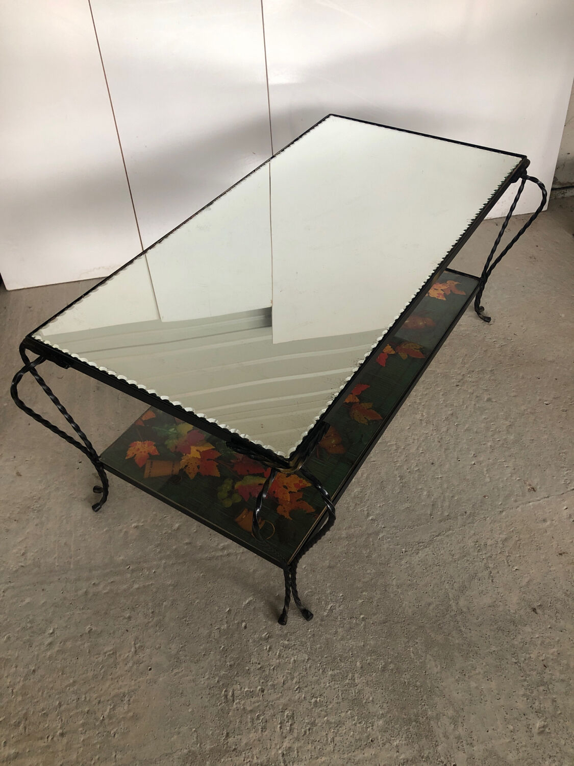 Vintage wrought iron coffee table with mirror and glass top