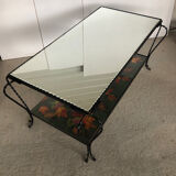 Table basse en fer forgé plateau miroir et verre Vintage