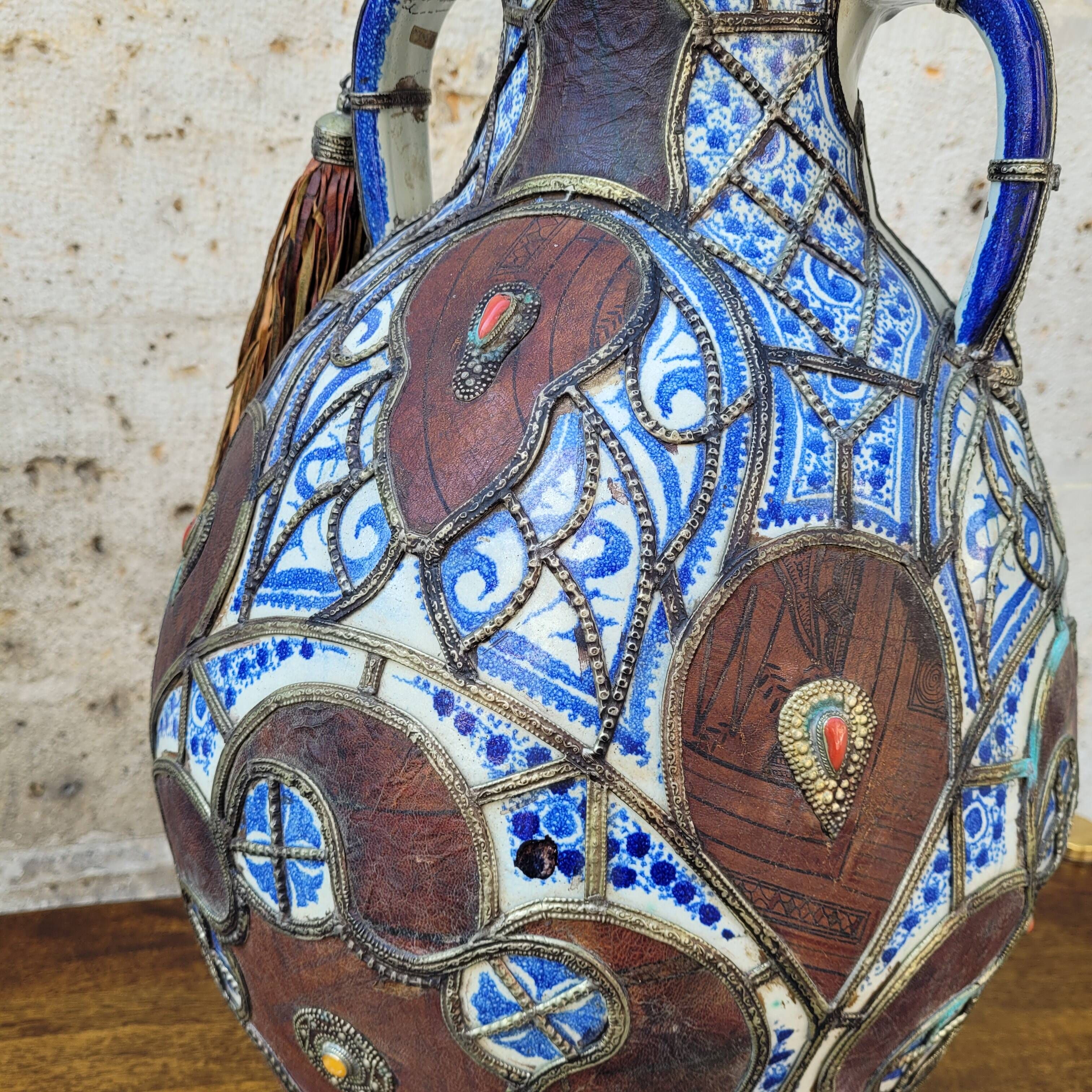 Filigree vase, ceramic, leather, enamel and metal, 19th century - Safi, Morocco