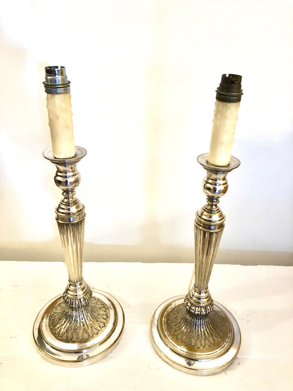 Pair of silver metal candle holder lamp bases