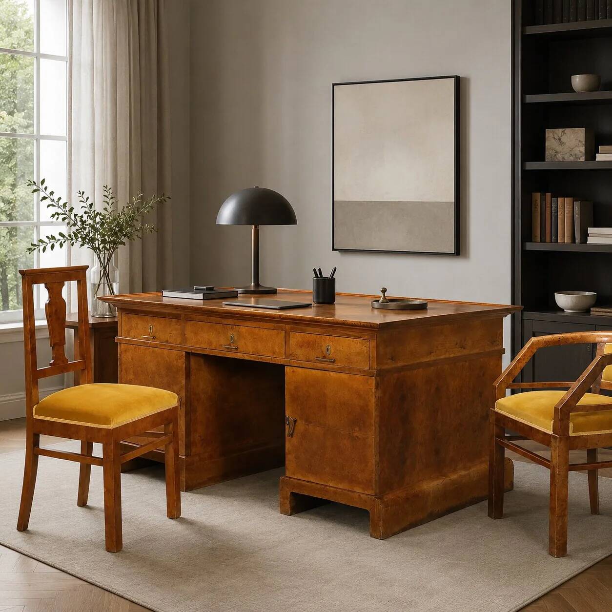 Antique Art Deco desk in walnut and walnut burl, 20th century