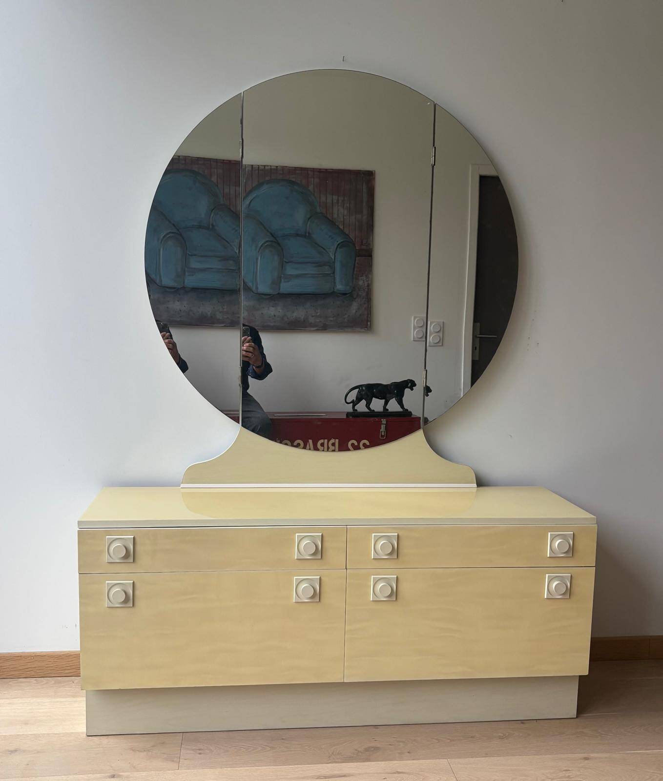 1970s/80s Formica hairdresser's dresser with a folding triptych round mirror.
