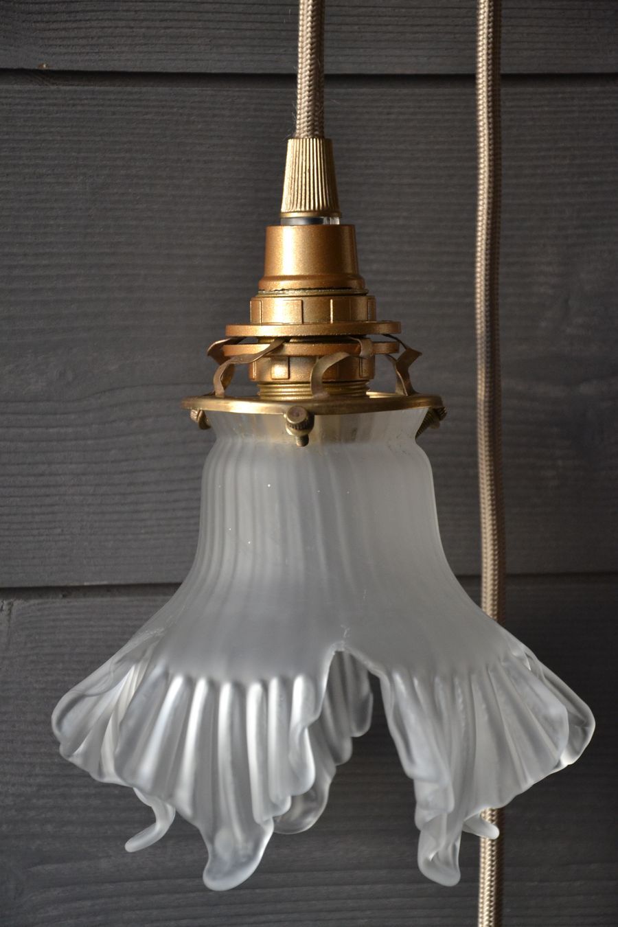 Frosted glass deco stroller, floral art deco walking lamp - beige cord