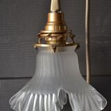 Frosted glass deco stroller, floral art deco walking lamp - beige cord