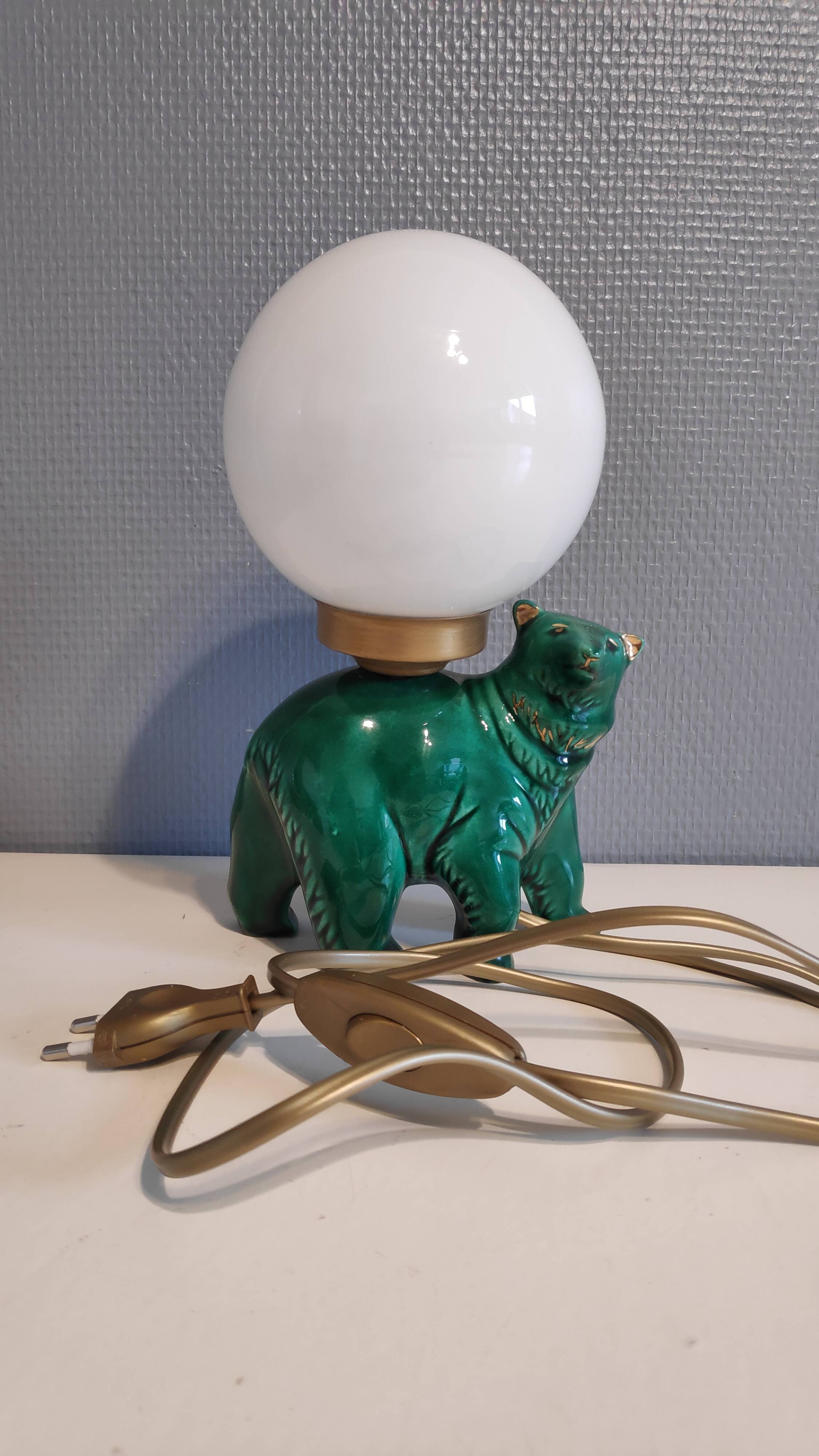 Green ceramic bear lamp and white opaline globe