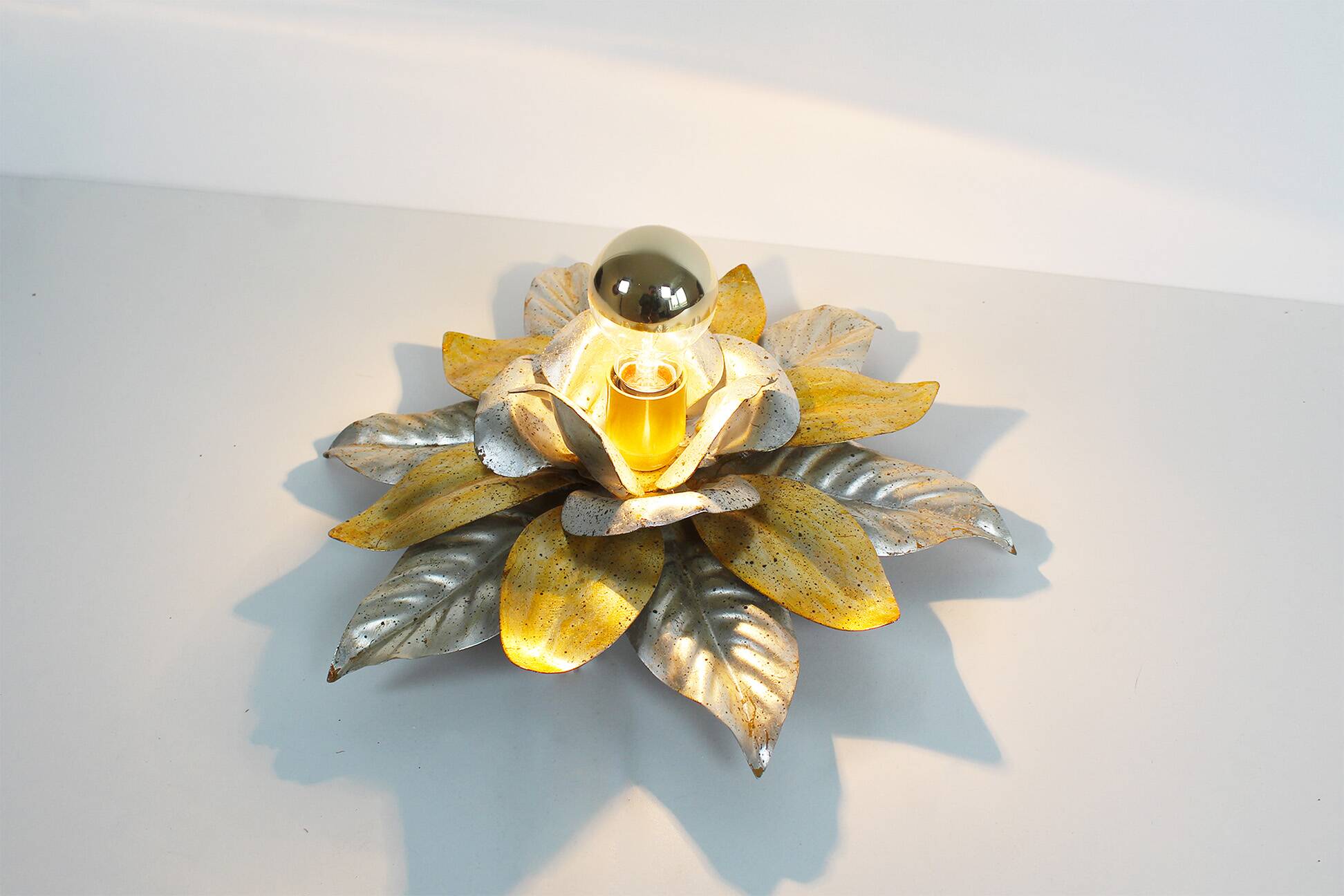 Wonderful gilded florentine flush mount lights, Italy 1970's