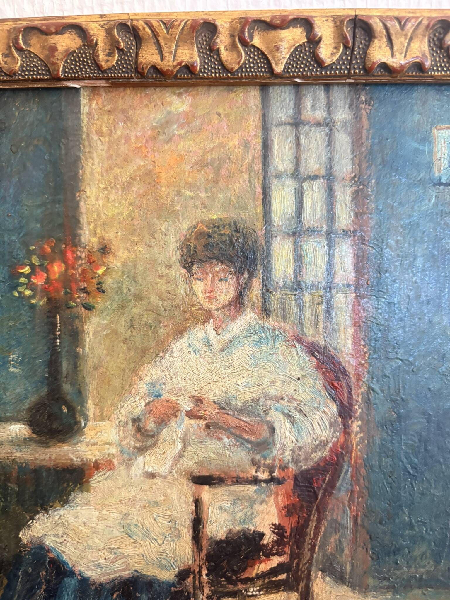 Oil Painting Tableau Paul Flaubert 1928-1994 Interior Scene Knitter