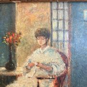 Oil Painting Tableau Paul Flaubert 1928-1994 Interior Scene Knitter