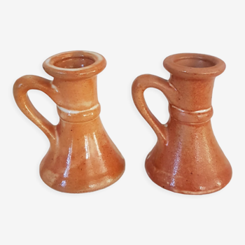 Duo of stoneware candle holders