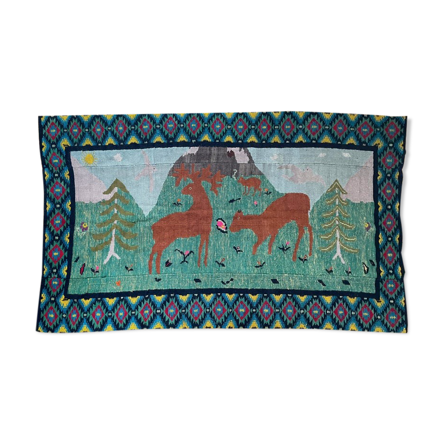 Romanian vintage rug with deers, nature scenery