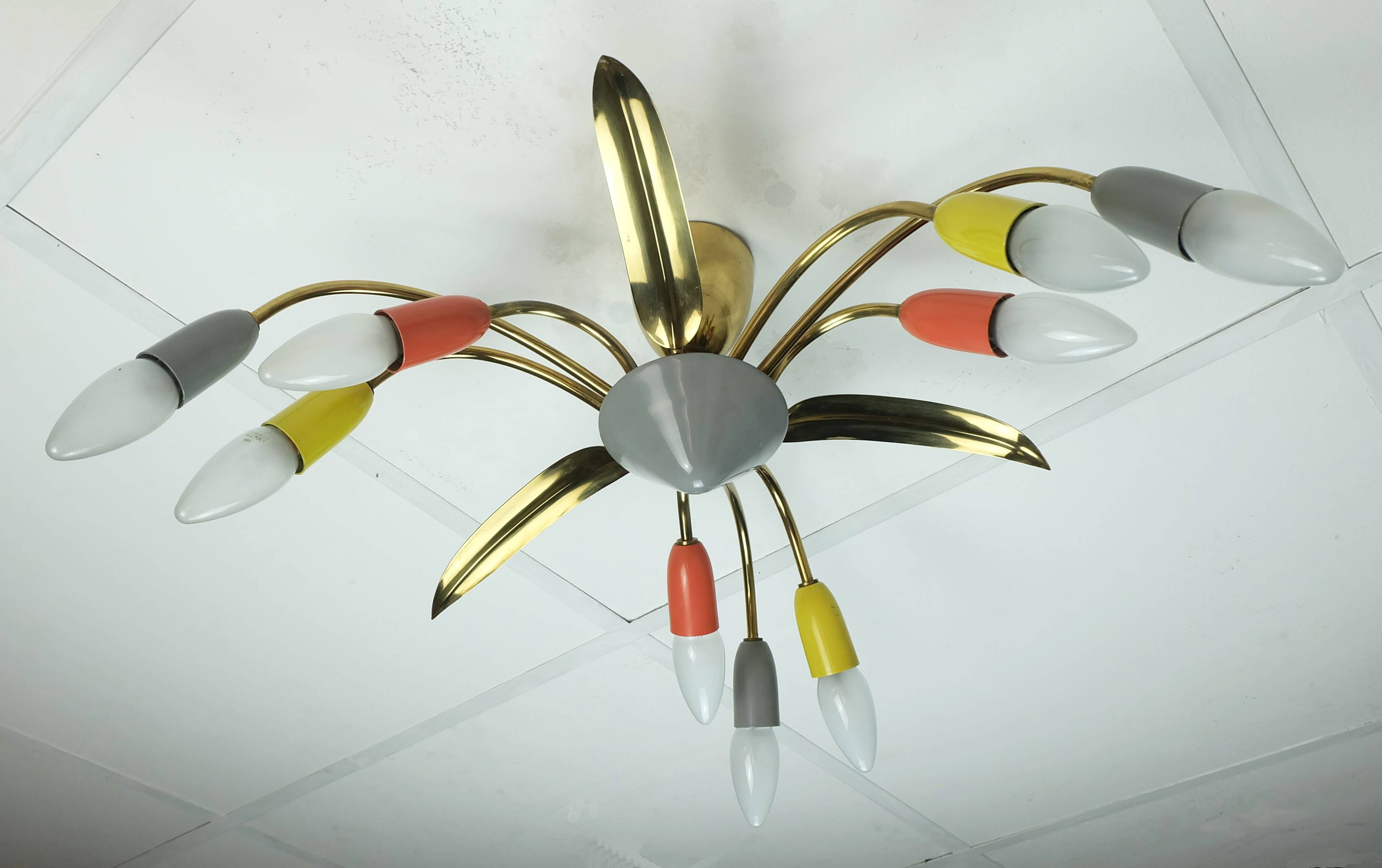 1950s mid century sputnik spider 9-light CEILING LAMP brass metal