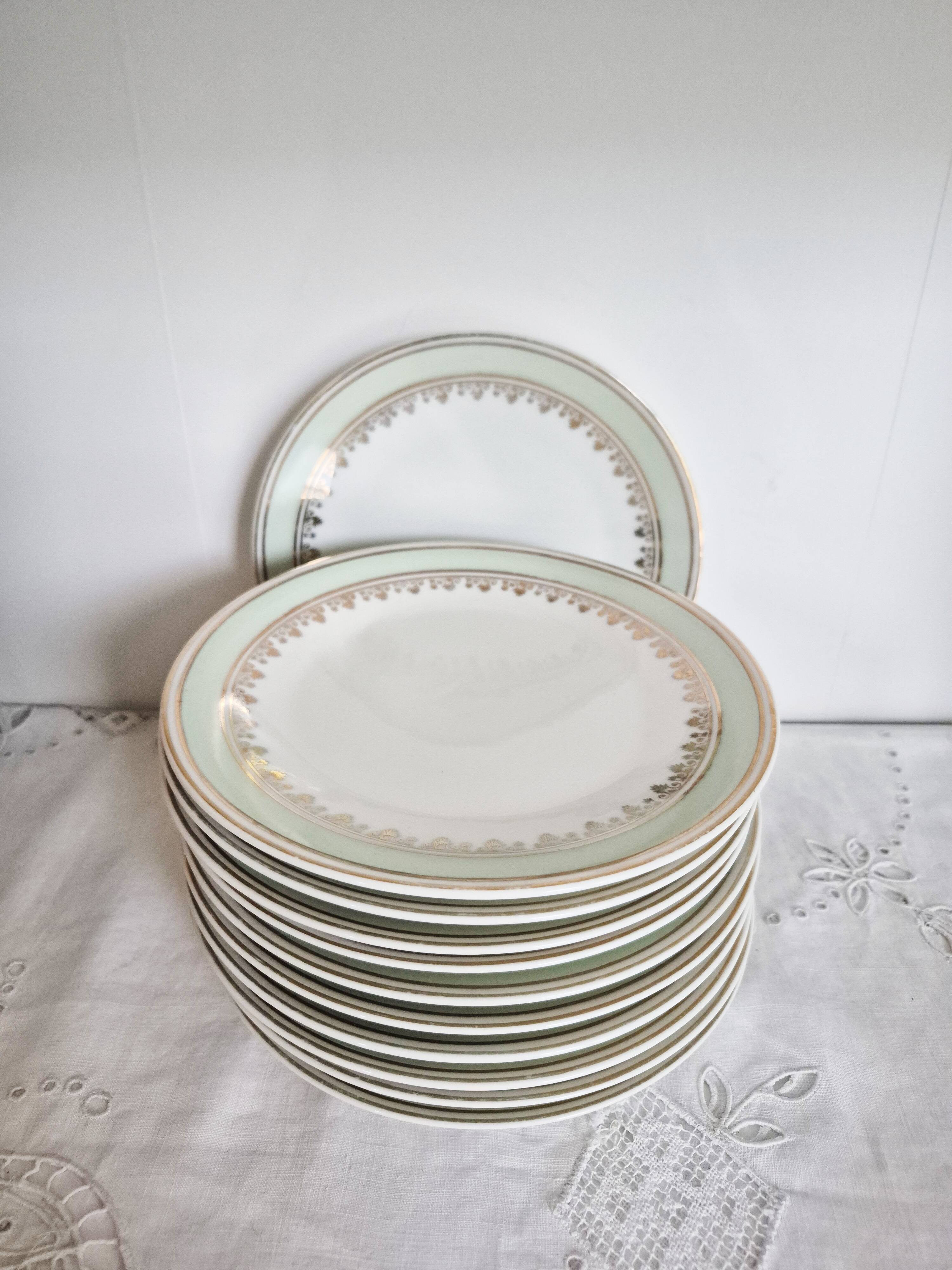French porcelain dessert plates, green and gold.
