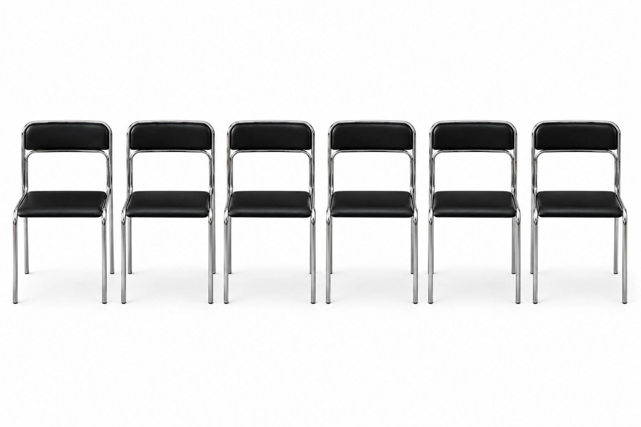 Bauhaus Style Tubular Steel Chairs, Black Faux Leather, Italian Modernist Dining Room