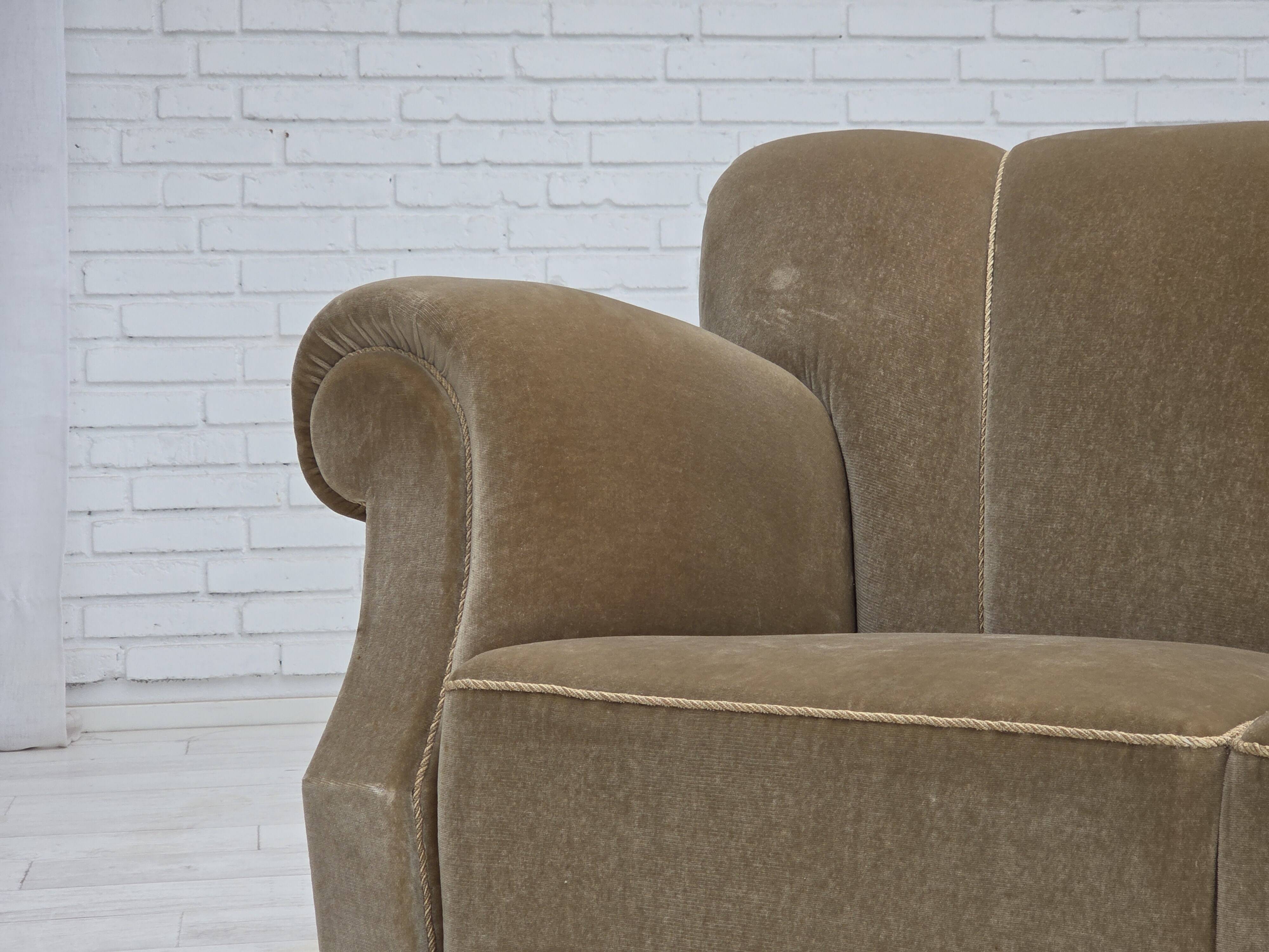 1960s, Danish 3-seater sofa, green furniture velour, oak wood legs.