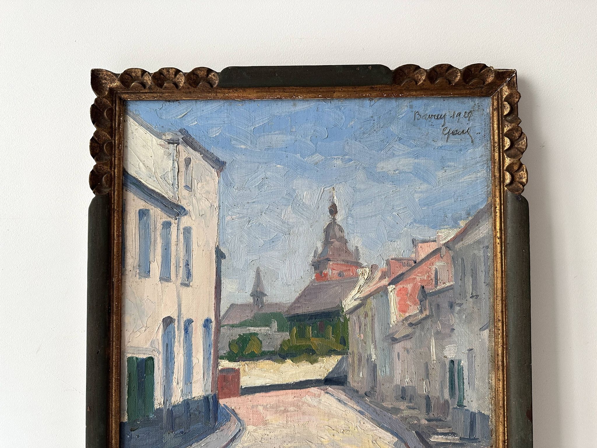 Oil on canvas of a French village "Bavay" 1928, landscape signed and framed.